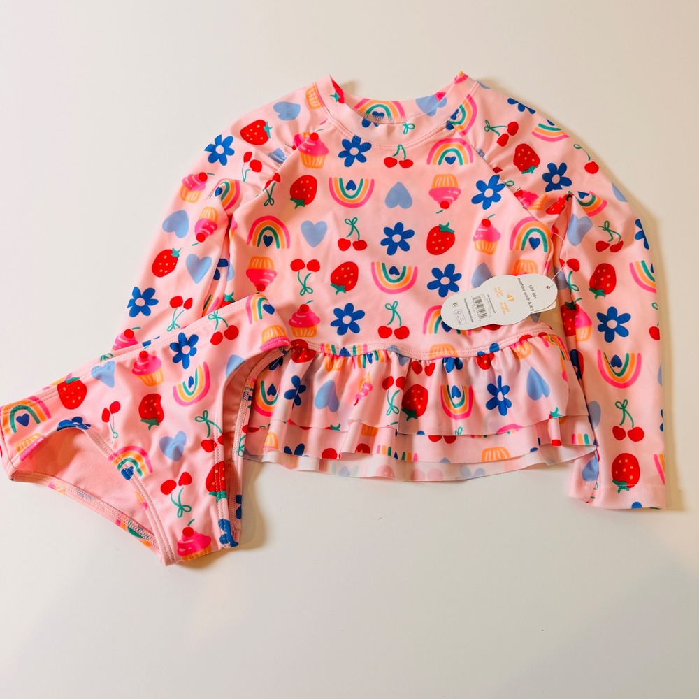 Wonder Nation Girls 4T Rash Guard Swimsuit Set Pink Rainbow Picnic UPF 50+ NWT